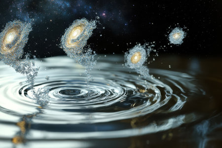 Stars and galaxies emerge from water droplets, creating mesmerizing ripples against a dark cosmic backdrop.の写真素材