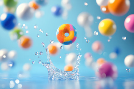Brightly colored balls splash into clear water, creating dynamic ripples and droplets in a playful display.の写真素材