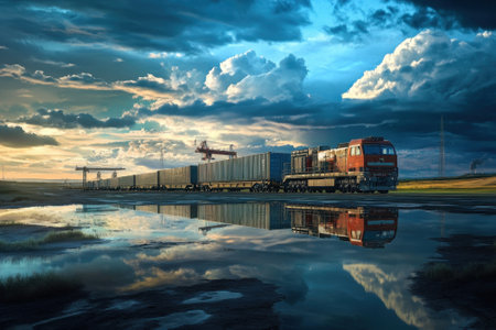 A cargo train moves across a landscape, its reflection visible in still water beneath a vibrant sunset sky.の写真素材