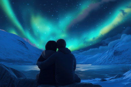 A couple sits next to a calm lake, admiring the vibrant northern lights illuminating the sky at night.の写真素材