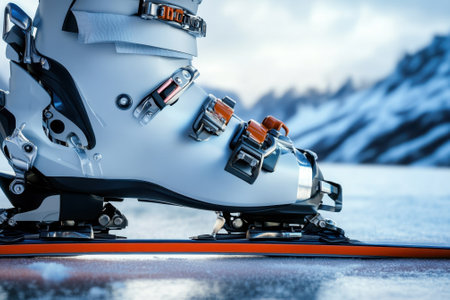 Ski equipment shows detailed design, ready for adventure on the slopes during a clear winter day.の写真素材
