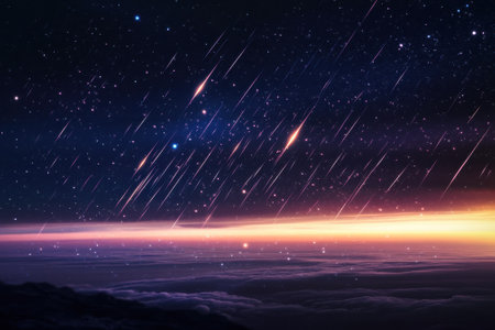 Bright meteors streak across the twilight sky, illuminating the horizon in a breathtaking display during the night.の写真素材