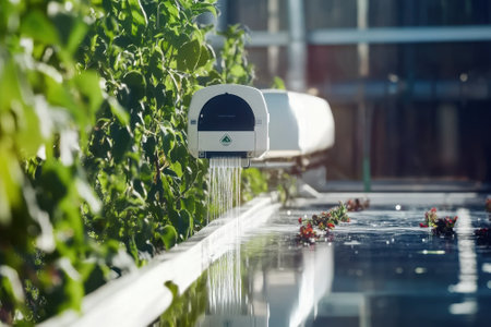 A hydroponic system efficiently delivers water to plants in a greenhouse, showing sustainable farming methods.の写真素材