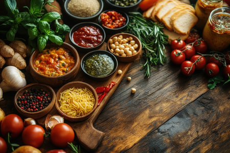 A vibrant display of fresh herbs, vegetables, and sauces arranged on a wooden surface, ready for meal preparation.の写真素材