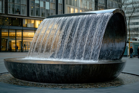 Water cascades over a sleek, circular fountain in a contemporary city square after sunset.の写真素材