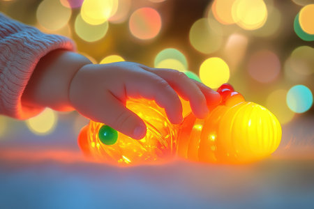 A child gently touches bright, glowing toys on a soft surface, with colorful lights shining in the background.の写真素材