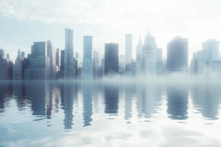 A tranquil view of a city skyline shrouded in mist with reflections shimmering on the water at dawn.の写真素材