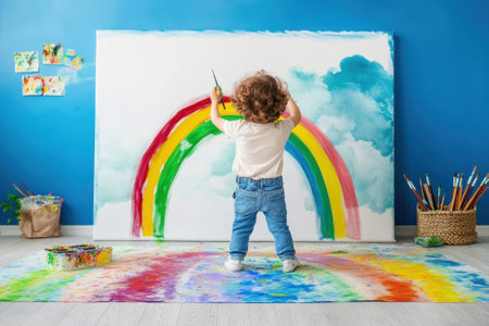 Young child stands in front of a large canvas painting a vibrant rainbow with various colors and brushes.の写真素材