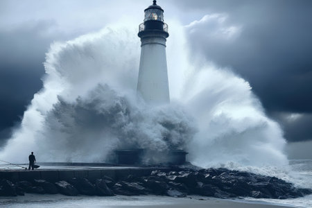 A towering lighthouse stands strong against powerful waves as a storm brews at dusk, showing nature's fury.の写真素材