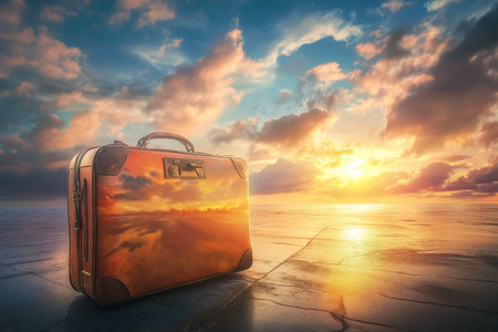 A vintage suitcase rests on the ground against a backdrop of a vibrant sunset and clouds.の写真素材