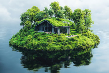 A modern home covered in grass is nestled on a small island, reflecting on tranquil waters.の写真素材