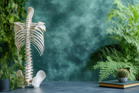 The human spine model stands tall on a table with plants and a book next to it, creating a peaceful vibe.の写真素材