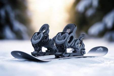 Snowboard bindings placed on untouched snow with a blurred winter background during a sunny day.の写真素材