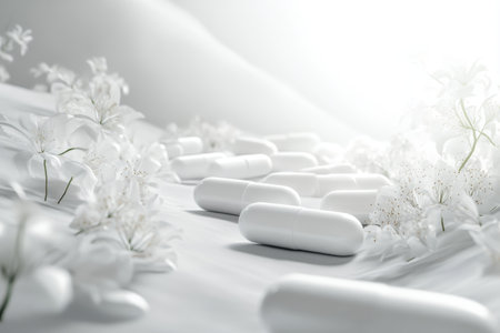 Scattered white capsules are surrounded by soft white flowers under bright light, creating a serene atmosphere.の写真素材