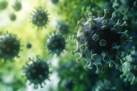 Magnified view displays coronavirus particles floating in a lush green background, emphasizing their structure.の写真素材