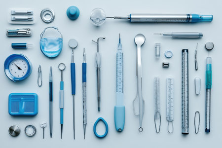 Various dental tools and instruments neatly organized on a flat surface, showing their design and function.の写真素材