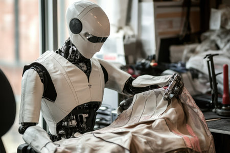 A robotic seamstress skillfully stitches fabric in a contemporary tailoring workshop filled with materials.の写真素材