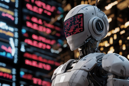 A humanoid robot features an illuminated digital face, surrounded by neon city lights and skyscrapers at night.の写真素材