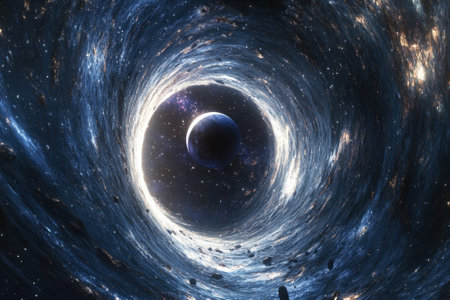 A swirling vortex in space reveals a planet at its core, framed by shimmering stars and cosmic dust.の写真素材