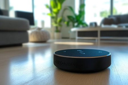 A smart speaker rests on a wooden floor in a bright, contemporary living room, showing a minimalistic style.の写真素材