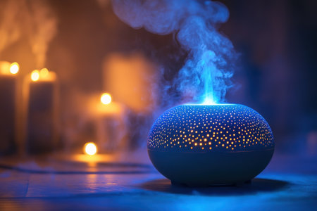 A decorative diffuser releases aromatic mist in a tranquil room illuminated by soft candlelight.の写真素材