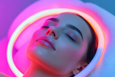 A person experiences a calming beauty treatment enhanced by colorful neon lighting and gentle care.の写真素材