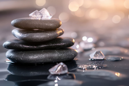 Four smooth stones stacked neatly with sparkling crystals on top, creating a calming atmosphere indoors.の写真素材