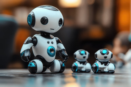 Three small robots are gathered together in a bright, contemporary room, showing their playful design.の写真素材