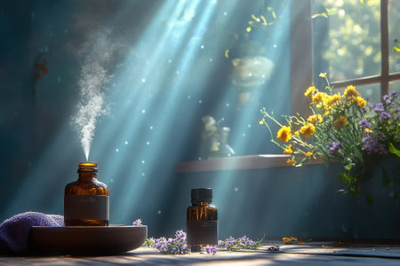 Aromatherapy bottles emit steam, surrounded by flowers, creating a calming environment in the soft sunlight.の写真素材