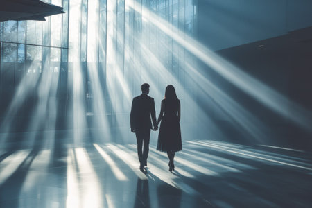 A couple strolls together in a vast, bright area filled with dramatic light beams streaming in.の写真素材