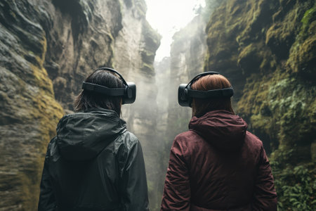 Two individuals wearing virtual reality headsets stand in a misty canyon, immersed in an engaging environment.の写真素材