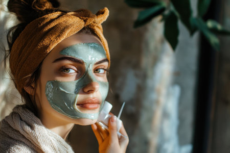 Woman enjoys a skincare routine with a green mask on her face, showing self-care and relaxation.の写真素材