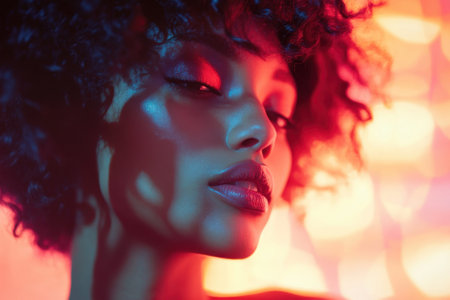 A woman poses confidently, showing her curly hair and vibrant makeup under dynamic lighting.の写真素材