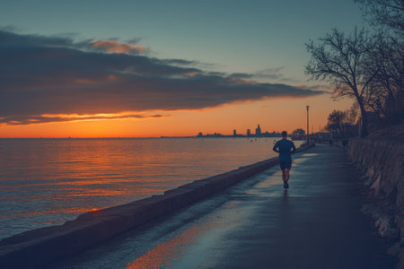 A person jogs along the waterfront during sunset, with a serene lake and city skyline in view.の写真素材
