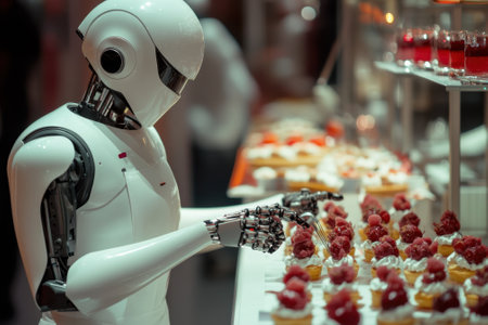 A futuristic robot decorates pastries with precision at an event showcasing culinary innovations.の写真素材