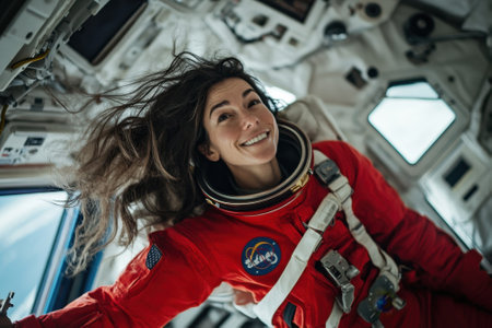 Astronaut floats in a spacecraft while experiencing weightlessness, showing a sense of joy and wonder.の写真素材