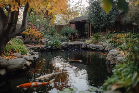 A peaceful garden features a pond with koi fish swimming amidst vibrant autumn leaves, creating a serene atmosphere.の写真素材