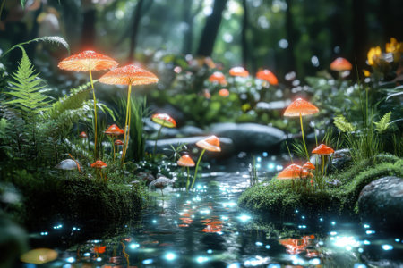 A tranquil forest features vibrant glowing mushrooms near a sparkling stream during twilight hours.の写真素材