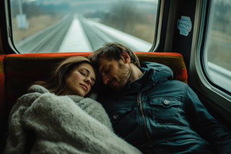 Two people relax while traveling by train, nestled under a cozy blanket, enjoying the peaceful landscape.の写真素材