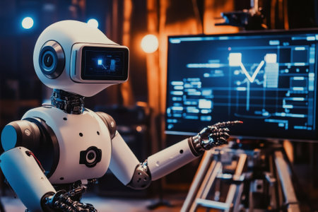 A robotic figure engages with data displayed on a high-tech screen in a dimly lit setting.の写真素材