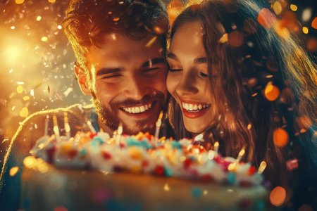 A couple joyfully smiles at each other while celebrating with a colorful cake surrounded by confetti.の写真素材