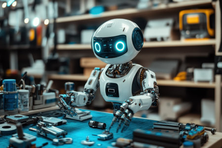 A small robot carefully organizes and works with tools on a workbench in a busy technology workshop.の写真素材