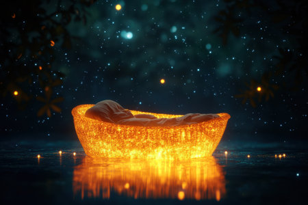 A glowing basket floats serenely on water, surrounded by twinkling lights and a star-filled sky at night.の写真素材