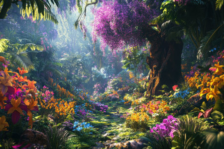 A lush tropical forest filled with bright flowers and filtered sunlight creates a serene atmosphere.の写真素材