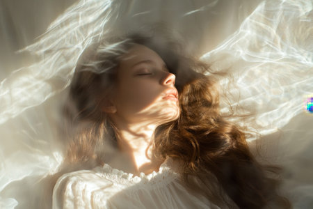 A woman lies quietly, bathed in soft light with flowing shadows dancing across her serene face.の写真素材