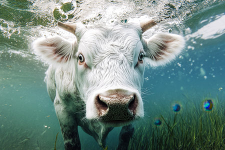 A white cow curiously explores underwater, surrounded by clear water and green plants, creating a serene atmosphere.の写真素材