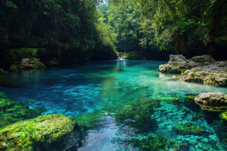 Tranquil waters reflect sunlight amidst vibrant foliage in a remote forest setting, creating a peaceful escape.の写真素材