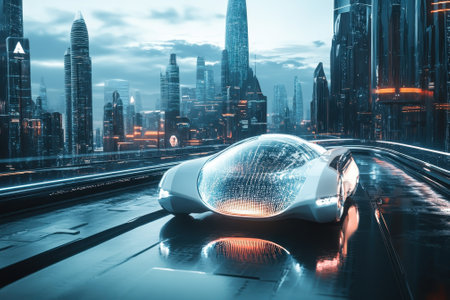 A sleek and modern car drives through a vibrant city filled with towering skyscrapers under a twilight sky.の写真素材