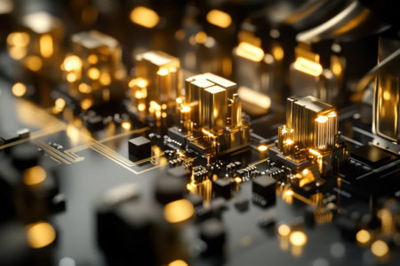 Close-up view of a complex circuit board featuring glowing golden components, showing advanced technology.の写真素材