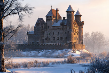 A medieval castle stands majestically amid a snowy landscape during a serene winter morning.の写真素材